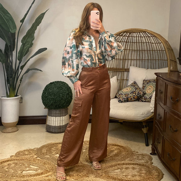 Gianna Silk Cargo Pants in Brown
